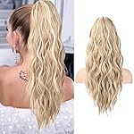 FLUFYMOOZ Ponytail Extension, 22 Inch Drawstring Ponytail Hair Extensions for Women Long Curly Wavy Ponytail Natural Synthetic Hairpiece for Women (22 Inch Blonde with Blonde Highlights)