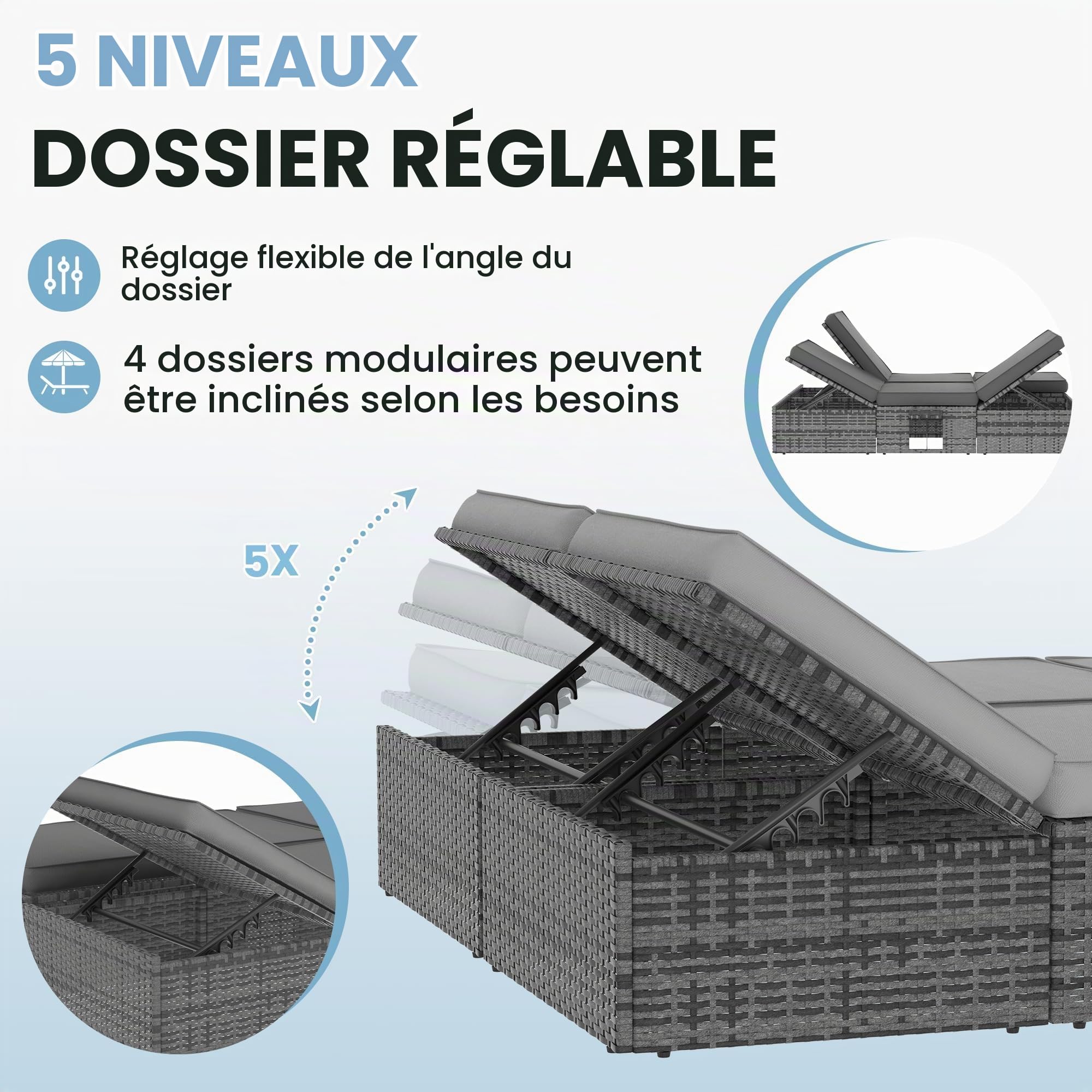 UDPATIO Transat Jardin Extérieur en Rotin - Bain de Soleil Double avec Plateaux Latéraux Repliables et Dossier Réglable 5 Niveaux, Lit de Jardin Résistant Jusqu'à 400kg, pour Piscine ou Terrasse, Gris