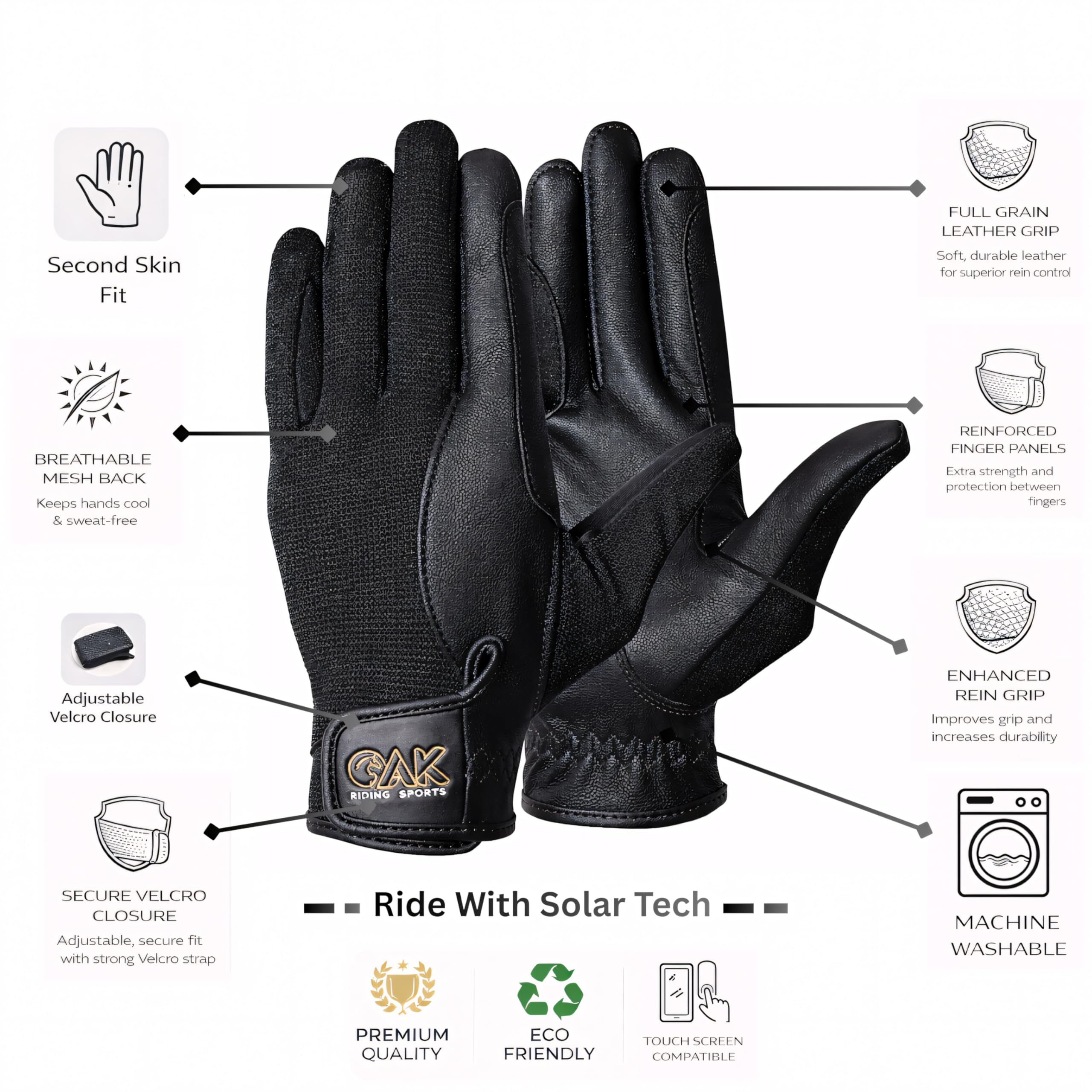 AK Solar Tech Gants d'équitation en cuir souple avec maille respirante