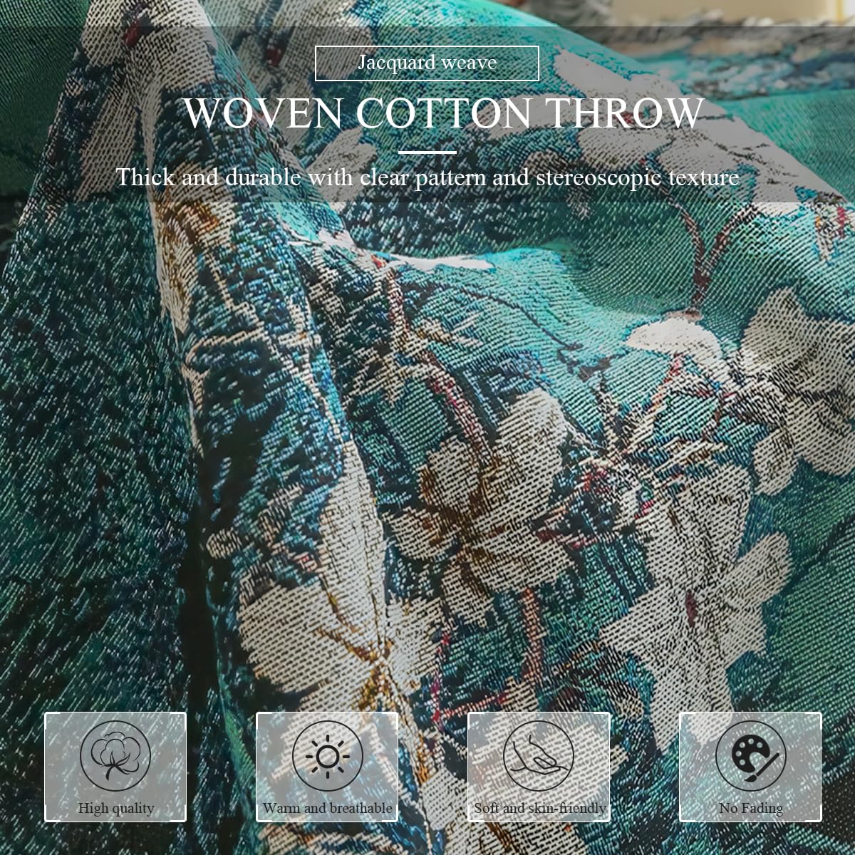 LumiSyne Couvertures Coton Tissé Jetés De Lit Avec Gland Motif Floral Jacquard Style Rétro Frais Réversible Couverture Décorative Jeté De Canapé Couverture De Camping Tapisserie Nappes Tapis 160x130cm