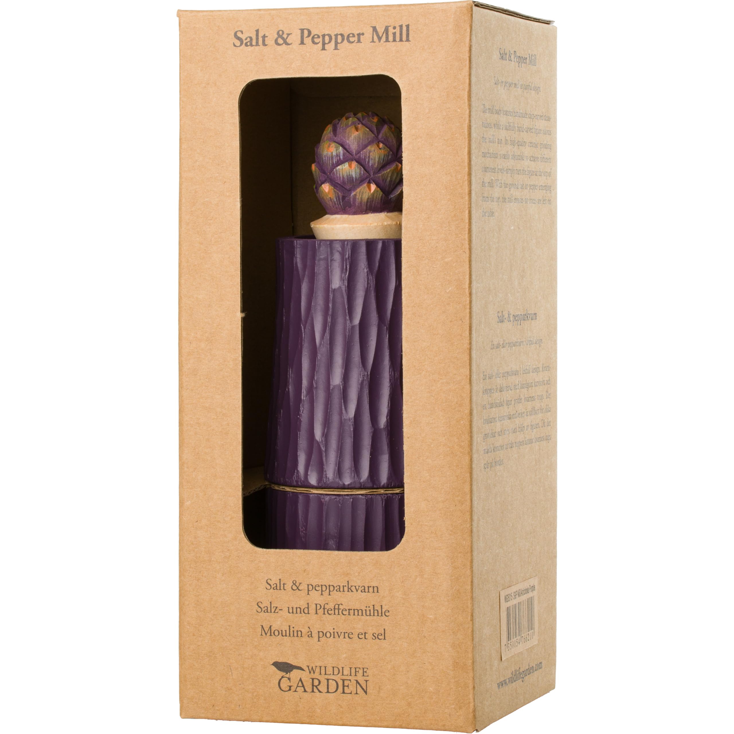 Wildlife Garden Salt & Pepper Mill Artichoke Purple (WG5015) - Chip-Carved Wooden Mill with Hand-Carved top - Image 4