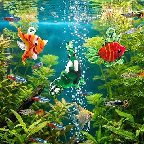 Miniatura 5 de Figuras de peces de vidrio soplado a mano con flotadores, juego de 3 pequeños animales marinos tropicales decorativos (A)