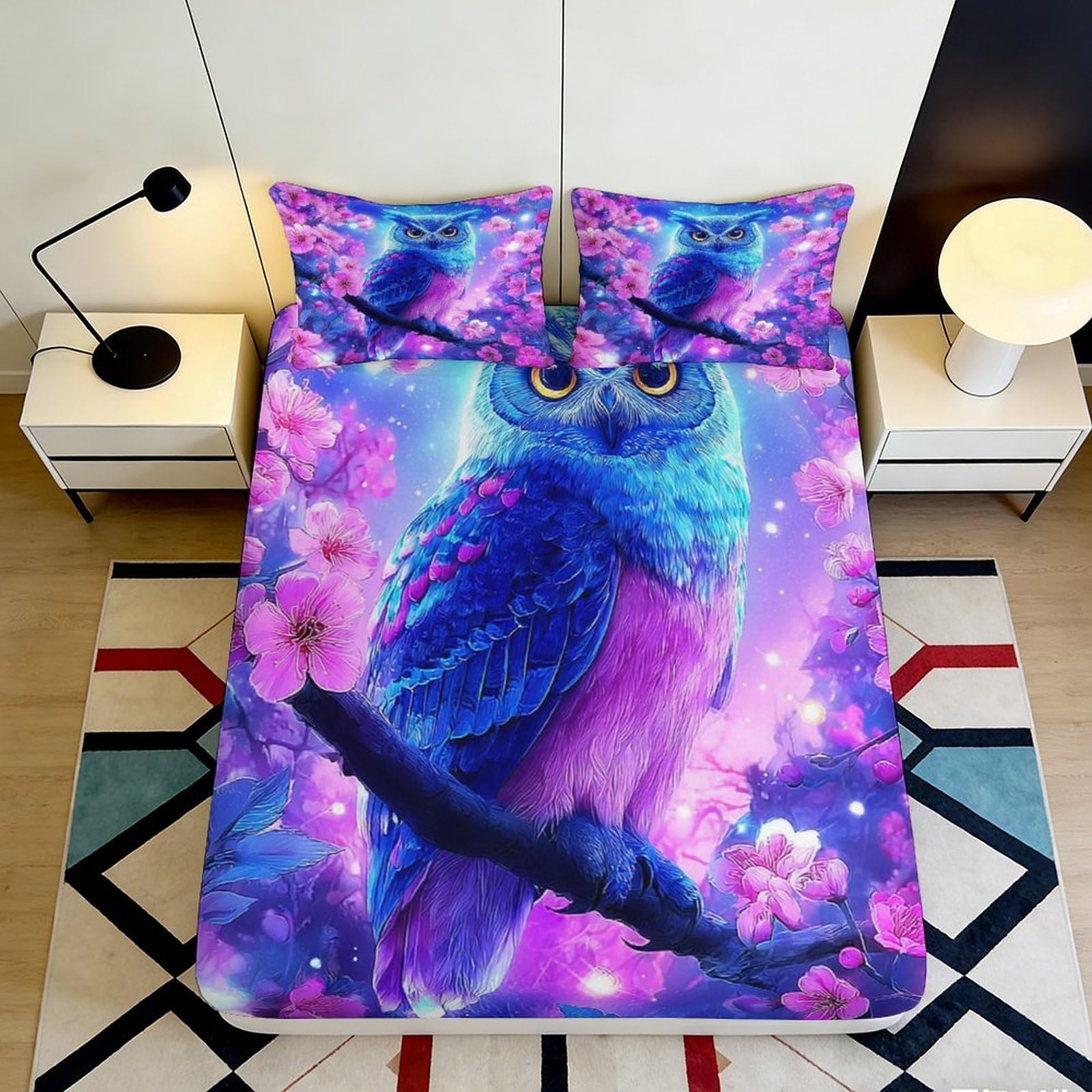 3D Printed Fantasy Owl Fitted Sheet Microfiber Soft Purple Blue Blossom Mattress Cover Bedroom Decor 90x200x25cm