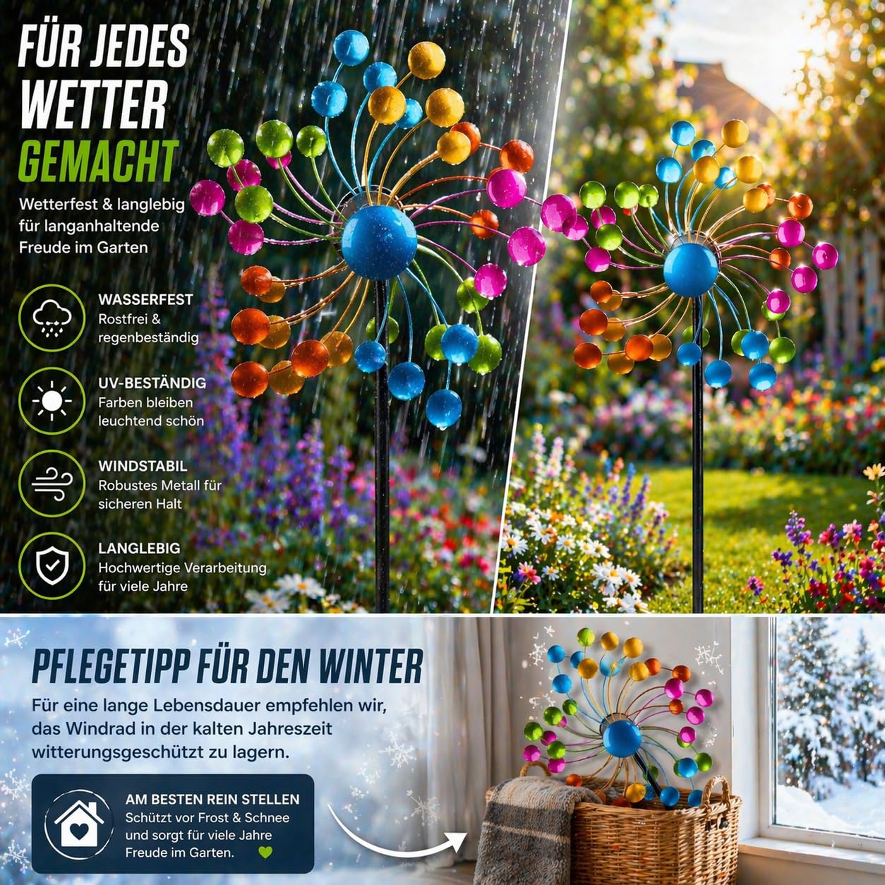 Kremers Schatzkiste Molinillo de viento para jardín, metal, con rodamiento de bolas, diámetro de 35 cm/122 cm, con estaca para suelo, decoración de jardín resistente a la intemperie para arriates