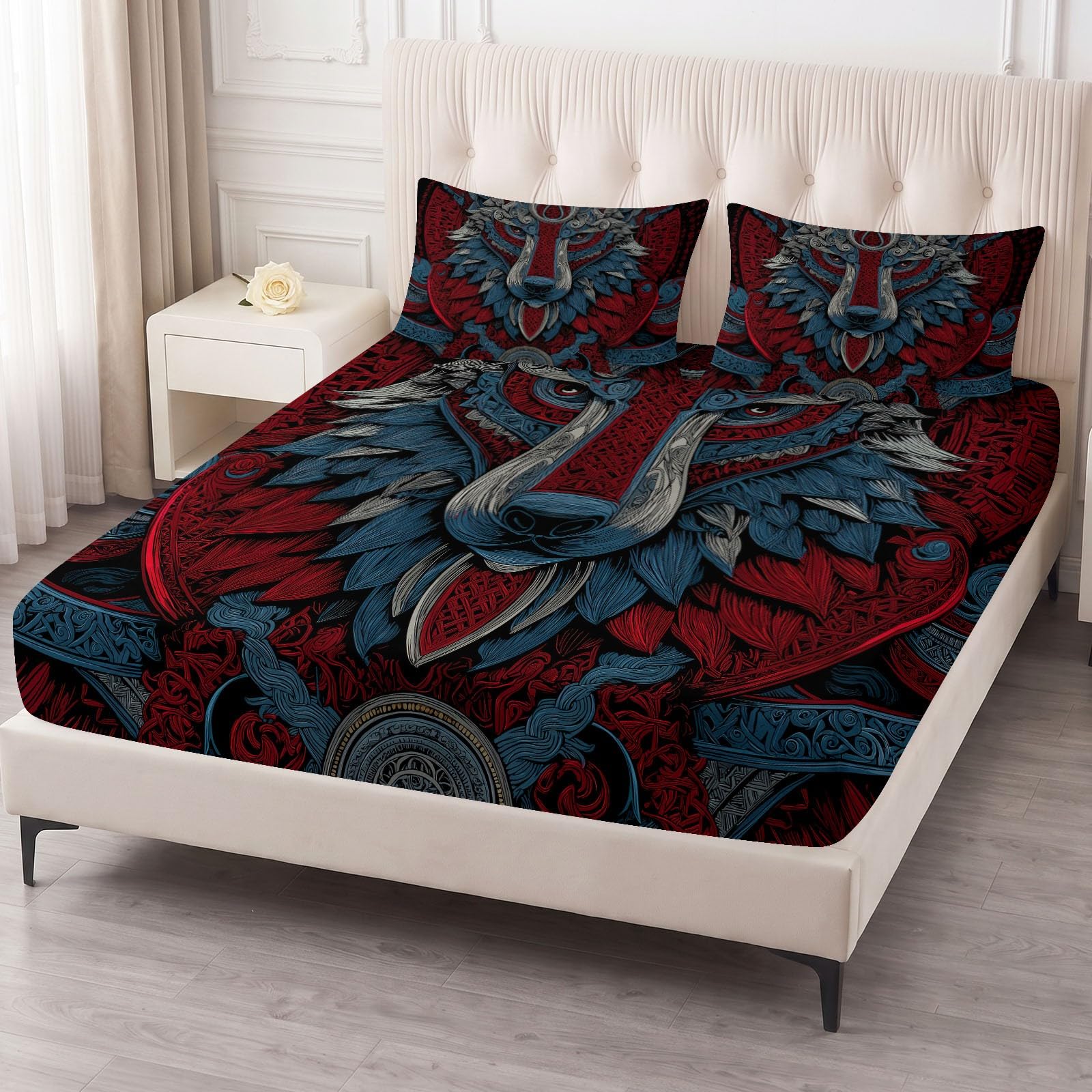 Juego de sábanas bajeras ajustables de 3 piezas, 160 x 200 cm, diseño retro tribal de cabeza de lobo tótem, de microfibra, suave y acogedora, con 2 fundas de almohada de 80 x 80 cm, colchones de hasta