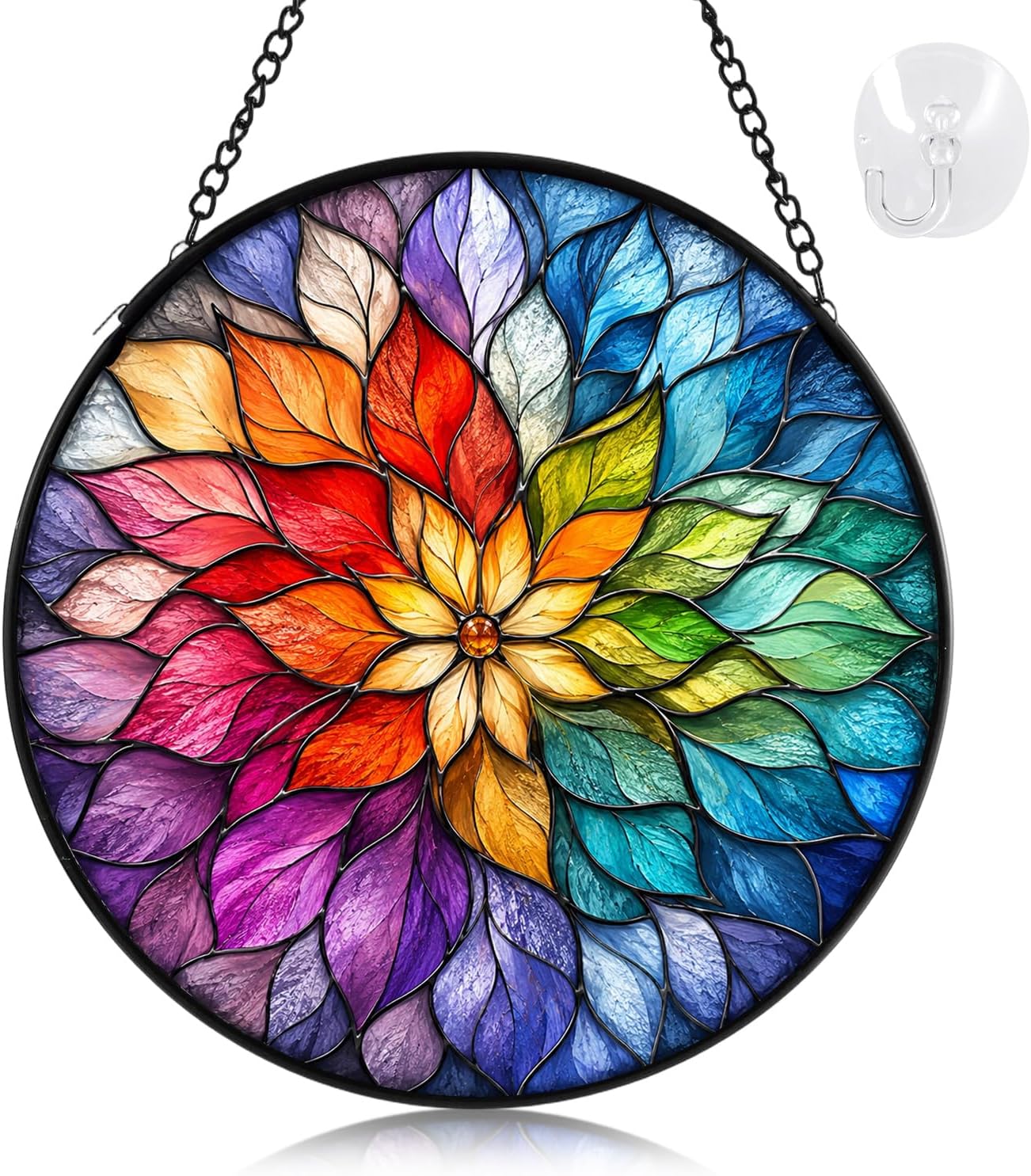Stained Glass Window Hanging Suncatcher, 1 Pack Rainbow Mandala Glass Sun Catcher for Windows, 6.3 inches Round Colorful Window Decor Outdoor Hanging Decor, Sunroom Wall Art Gifts for Women