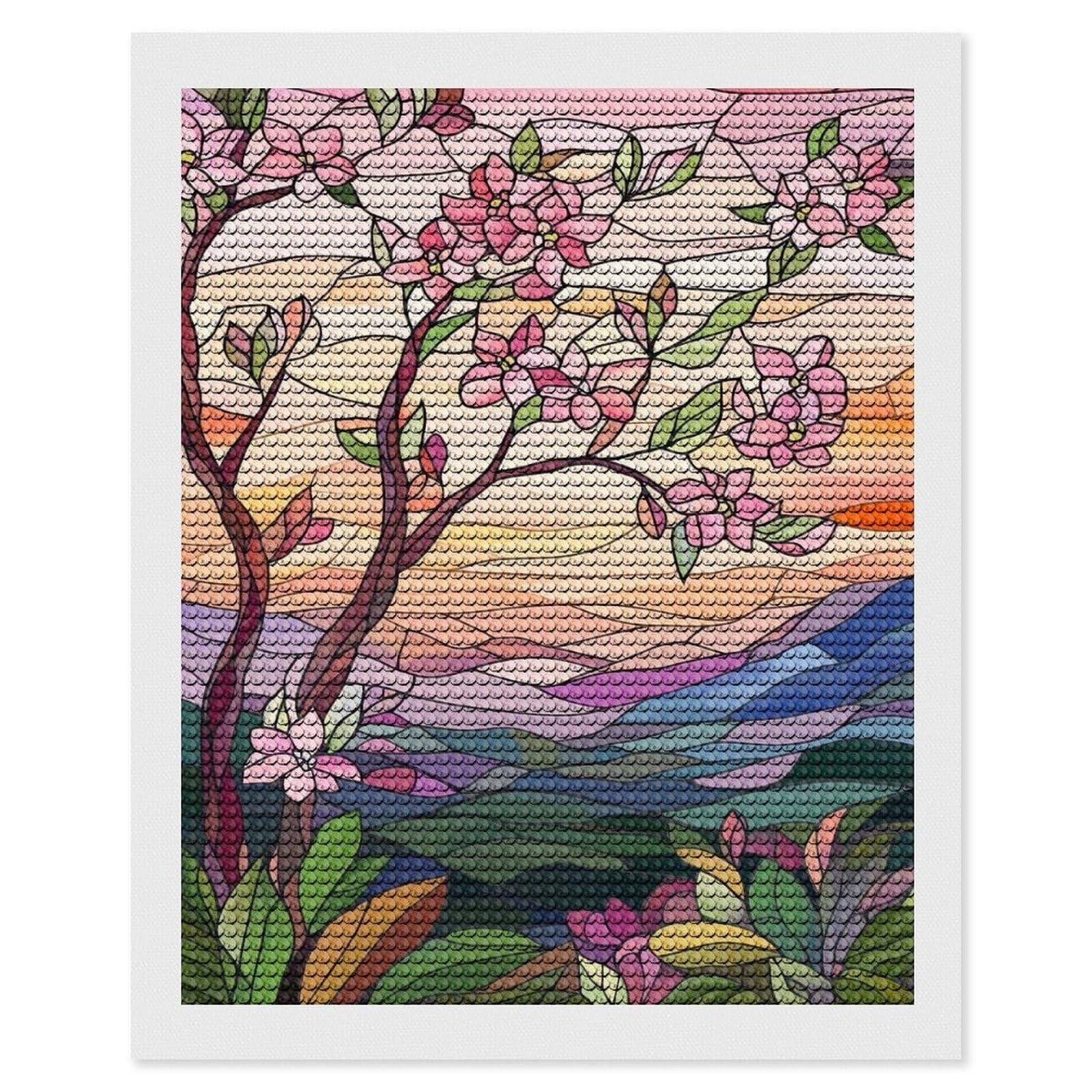 Junmoney Stained Glass Sunset Landscape(2) Diamond Art Canvas 16"x20", for Creative Relaxation, Simple to Start, Aesthetic Room Decor, Holiday Gift Idea