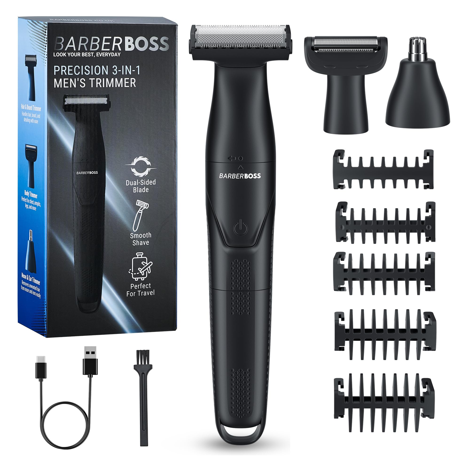 BarberBoss Recortadora precisión 3 en 1 para hombre, kit cuidado personal para barba y cabello, recortadora corporal, recortadora de nariz y orejas, afeitadora inalámbrica para hombre, QR-2301 (Negro)