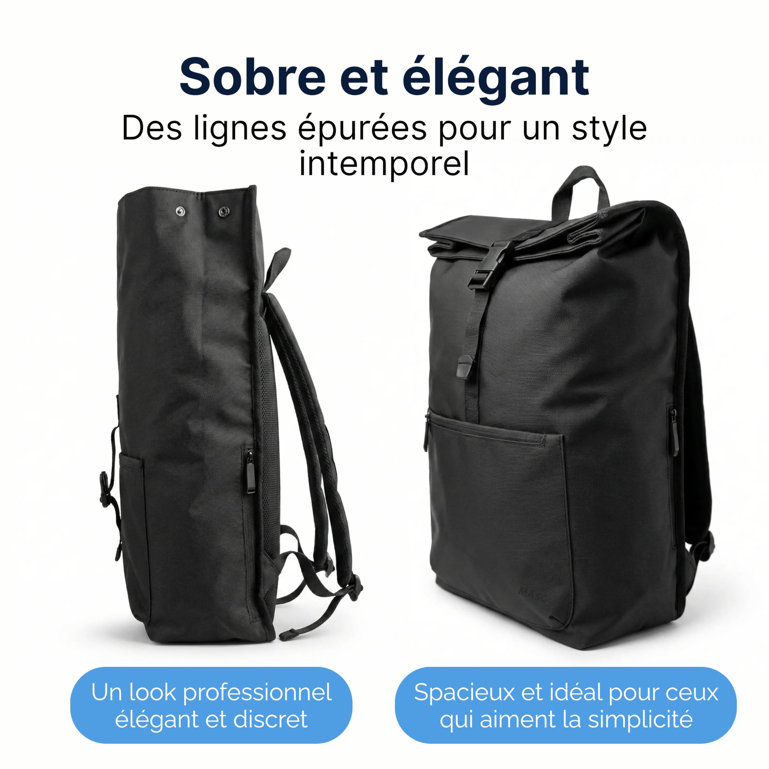 MASC Sac à dos Rolltop Business, sac à dos urbain élégant porte-PC 17 pouces, extensible et idéal pour les voyages, le bureau et l'université