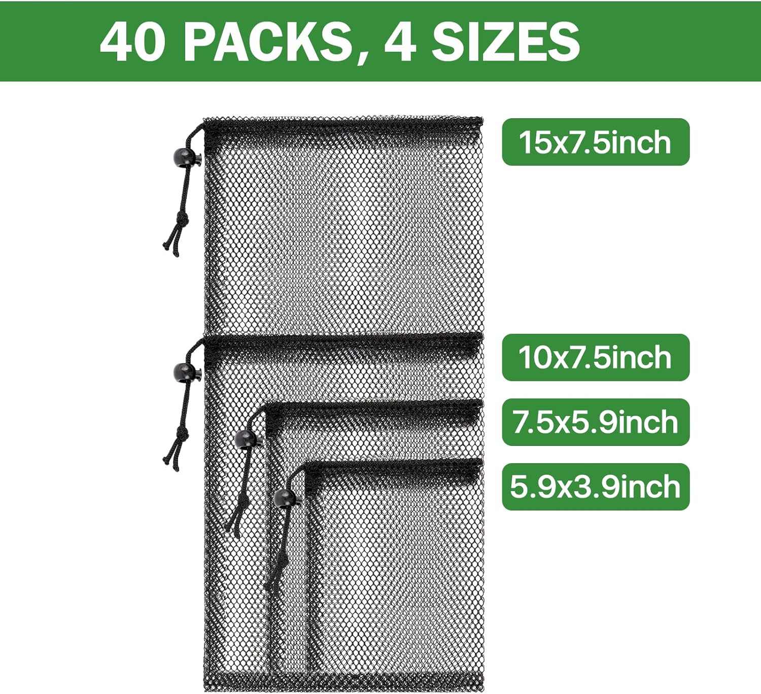 メッシュ巾着袋 40枚 アソートサイズ ブラックメッシュバッグ ポータブルナイロンストレージバッグ 旅行用おもちゃ ランドリー ジム