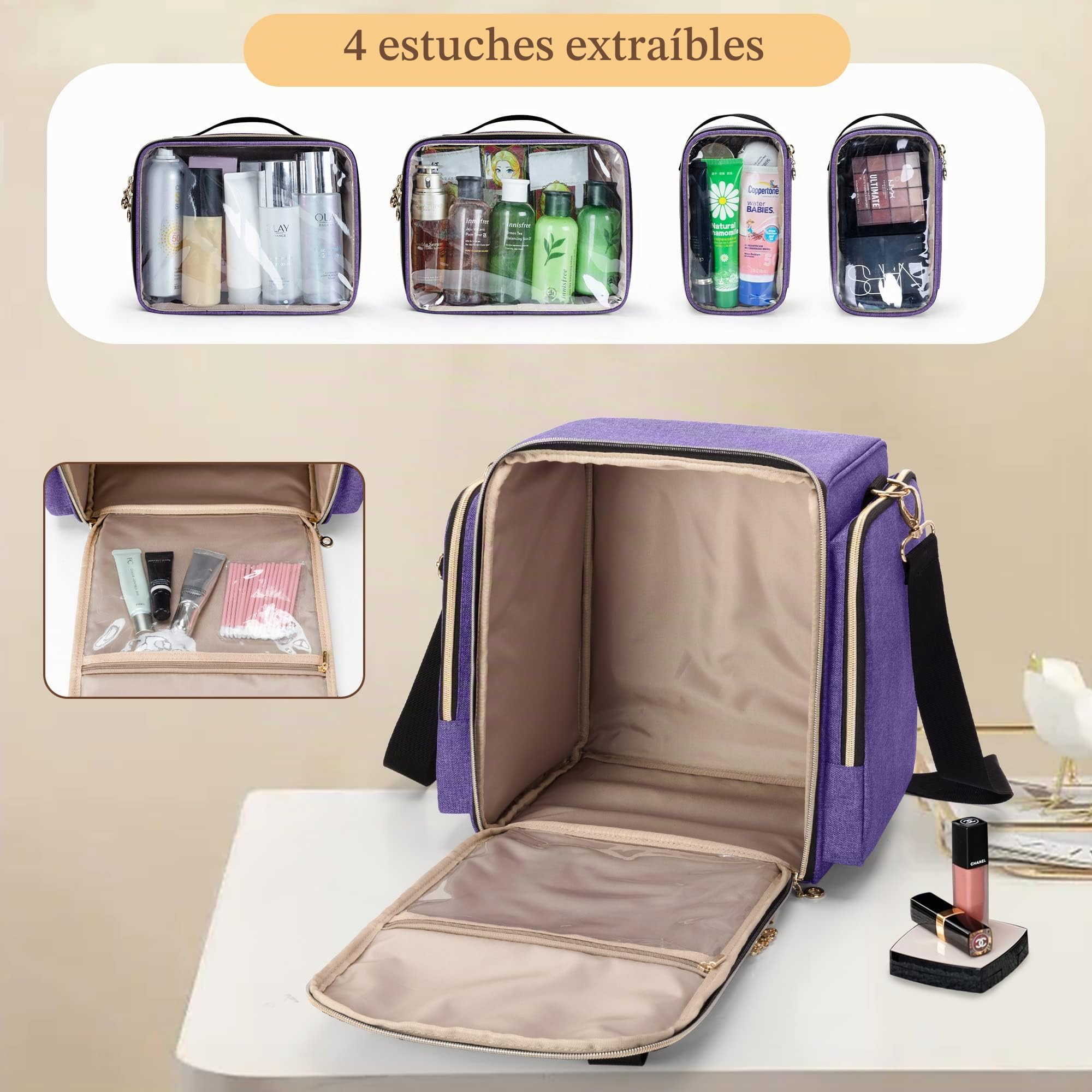 Luxja Bolsa de Maquillaje de Viaje con 4 Estuches Extraíbles, Bolsa de Cosméticos con Varias Secciones de Almacenamiento, Estuche de Maquillaje (Solo Bolsa), Púrpura