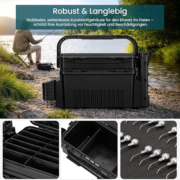 2-stöckig Groß Angelkoffer Tackle Box mit Rutenhalter & Becherhalter, klappbarem Tragegriff, 43×23×28cm Angelbox Angel Zubehör Organizer Angelzubehör Kunstköderbox, Angelboxen, Angelkasten (Black) - 2