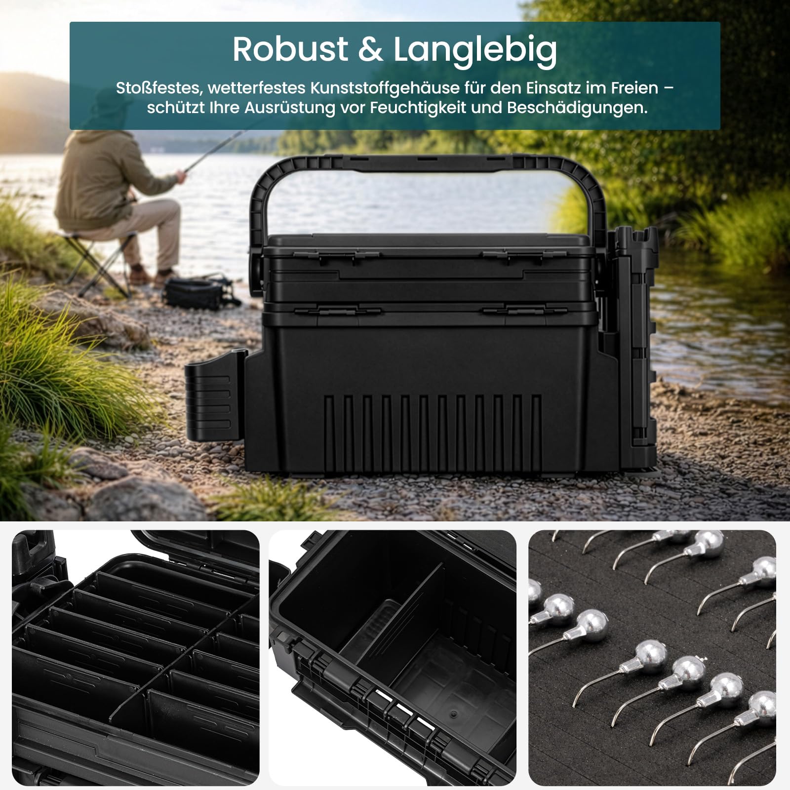 2-stöckig Groß Angelkoffer Tackle Box mit Rutenhalter & Becherhalter, klappbarem Tragegriff, 43×23×28cm Angelbox Angel Zubehör Organizer Angelzubehör Kunstköderbox, Angelboxen, Angelkasten (Black) - 2