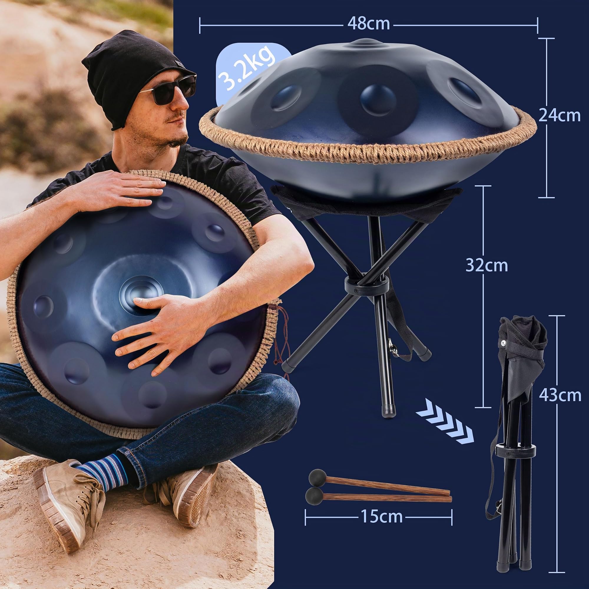 Handpan, Steel Drum, Hand Pan, Tamburo in Acciaio, Blu | 432HZ 19 Pollici 48cm 10 Note D Minore Principiante Handpan Drum per Meditazione e Yoga, Tamburo a Mano con Borsa e Supporto