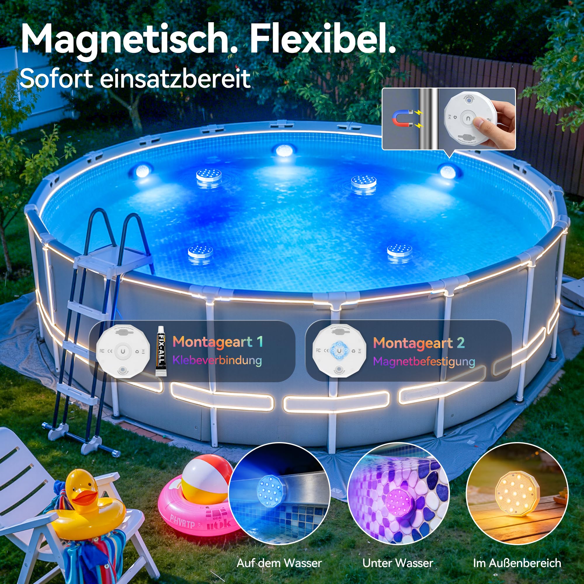 Ollny Lumiere Piscine avec Télécommande, 4 Lampes LED RGB Submersibles Rechargeables, Éclairage Magnétique Flottant pour Piscine, Étanches IP67, Lampe Piscine pour Baignoire Étang Fête - 2