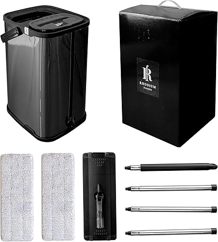 Miniatura 4 de Juego de trapeador y cubeta de piso plano negro, cubo de acero inoxidable y mango telescópico, limpiador profesional para el hogar y la oficina para