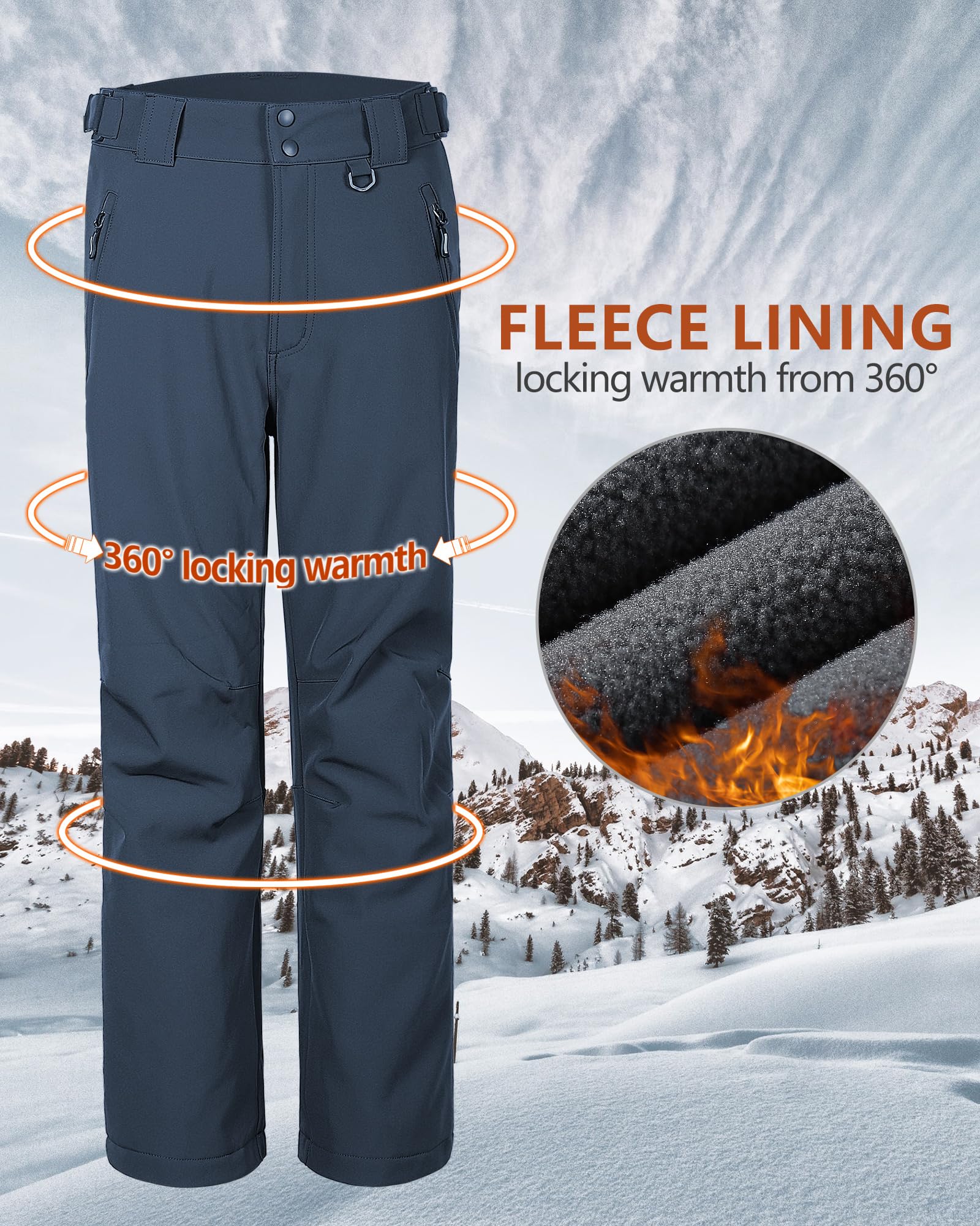Outdoor Ventures Pantalones de softshell para hombre, resistentes al agua, pantalones térmicos de invierno, pantalones térmicos con forro cálido, pantalones de esquí, snowboard, resistentes al viento,