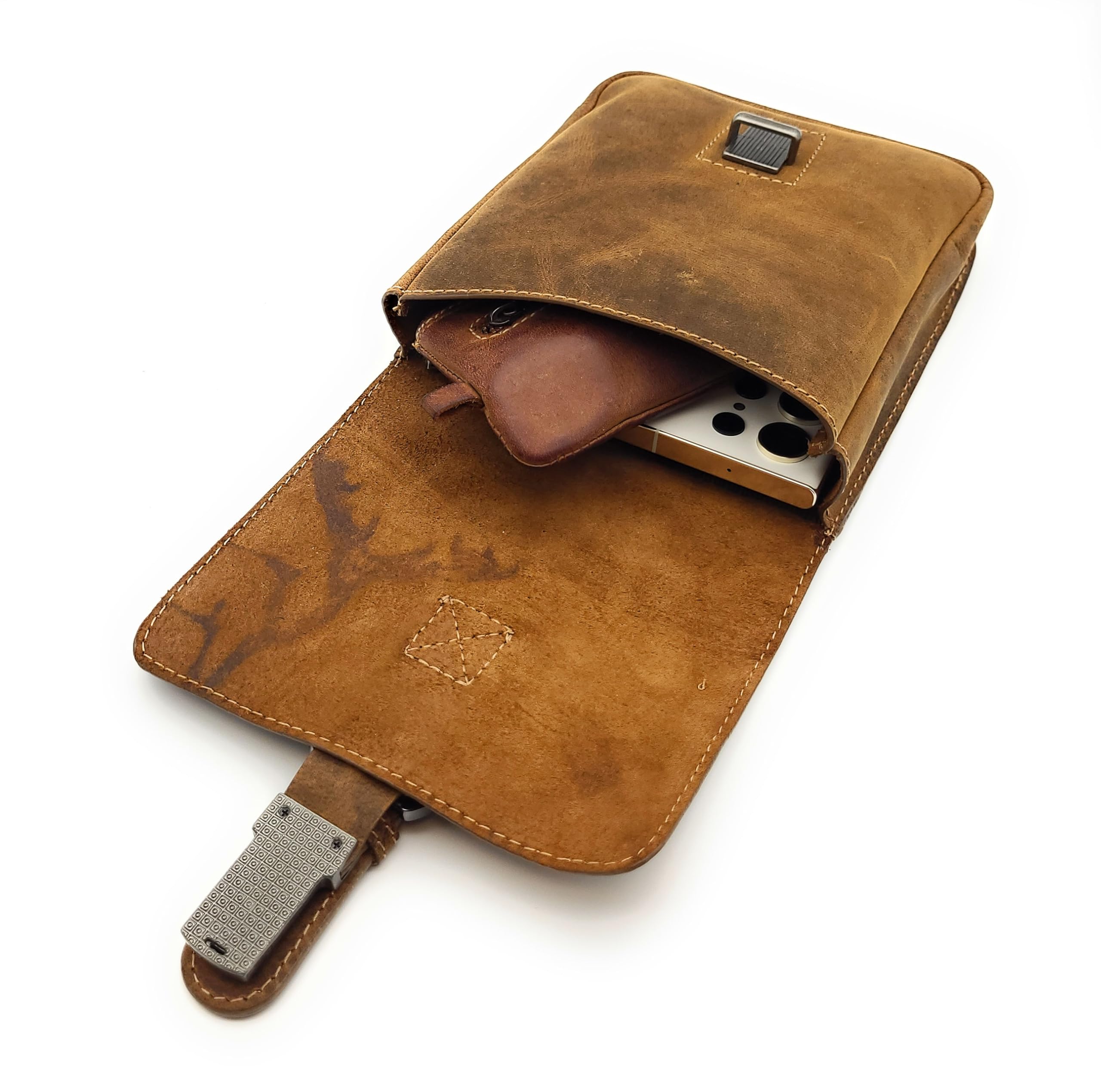 Gürteltasche Leder Herren Vintage - Handgefertigte Hunterleder Bauchtasche mit Hirschprägung & Umhängegurt - Echtes Leder Hüfttasche für Outdoor, Jagd