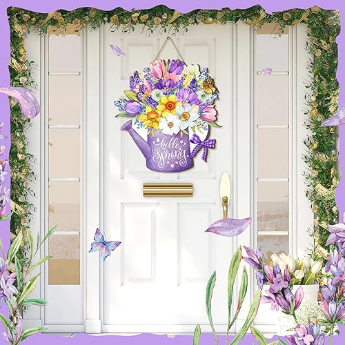 Miniatura 4 de Juexica Letrero de puerta con texto en inglés Hello Spring para puerta delantera, con flores, coronas, decoración colgante de madera de primavera,