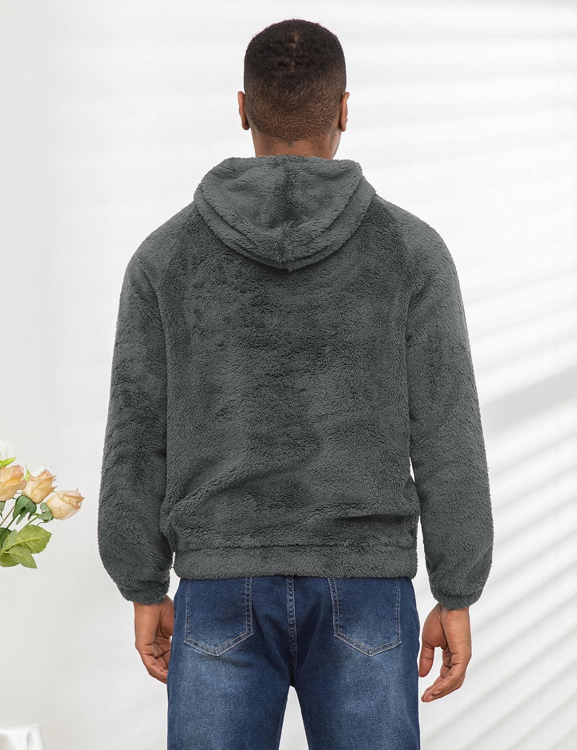 Flygo Mens Fuzzy Hoodie Sherpa Pullover Hoodies Casual Long Sleeve Hooded Sweatshirt Warm Fall Winter Fluffy Sweater - Image 3