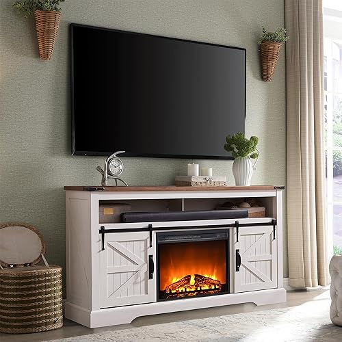 Miniatura 7 de OKD Soporte de TV con chimenea para TV de más de 65 pulgadas, centro de entretenimiento Highboy Farmhouse de 33 pulgadas de alto con chimenea