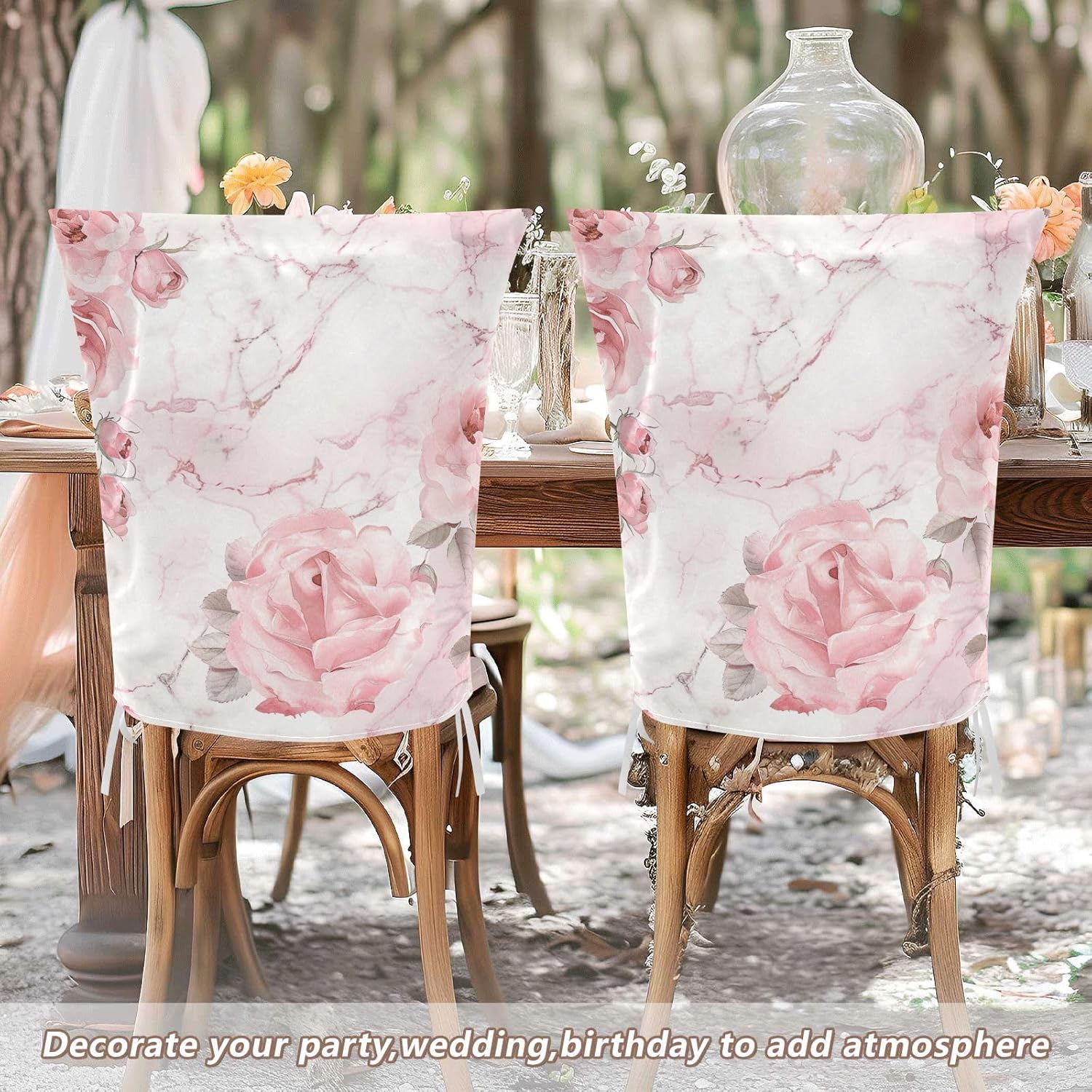 ALAZA Roses Pink White Marble Chair Back Cover Set of 6, Washable Reusable Removable Chair Slipcovers Decorative Chair Cover for Home Kitchen Wedding Party
