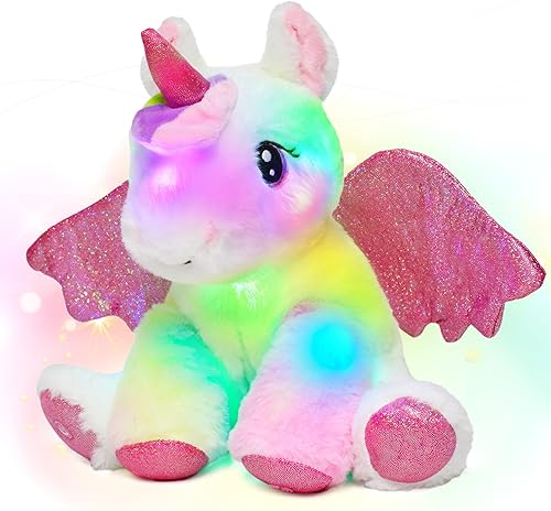 Hopearl Unicornio adorable de peluche con luces LED, flexible, con luces de noche que brillan en la oscuridad, para festival, cumpleaños, niños