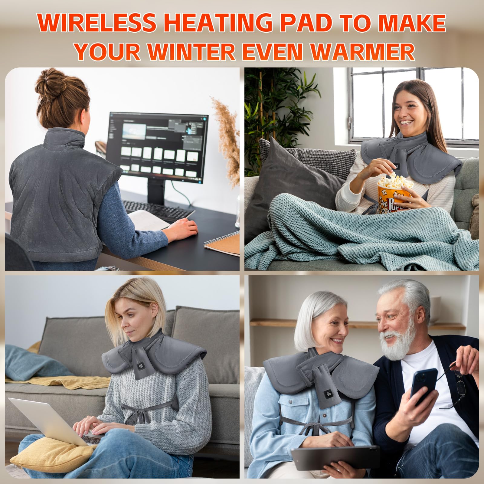 Graphène Coussin Chauffant pour Cou et Dos avec Batterie 10000mAh, Coussin Chauffant Électrique Avec 3 Niveaux Réglage Température, Fonction D'arrêt Automatique