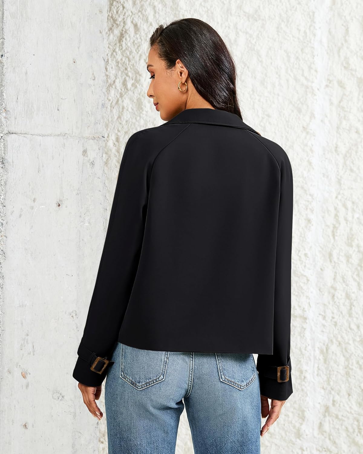 LookbookStore Cropped Trench Coat for Women Double Breasted Long Sleeve Work Office Business Casual Fall Short Jackets - Image 2