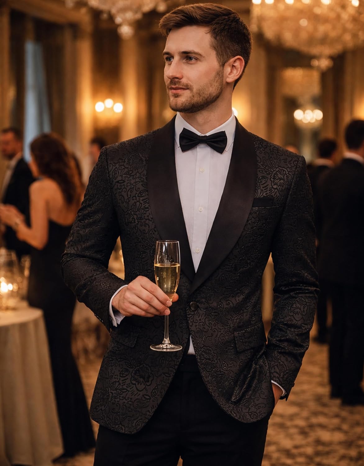 Men's 2 Piece Suit Set, Slim Fit One Button Jacquard Shawl Lapel Jacket and Pants for Wedding Prom Banquet Black
