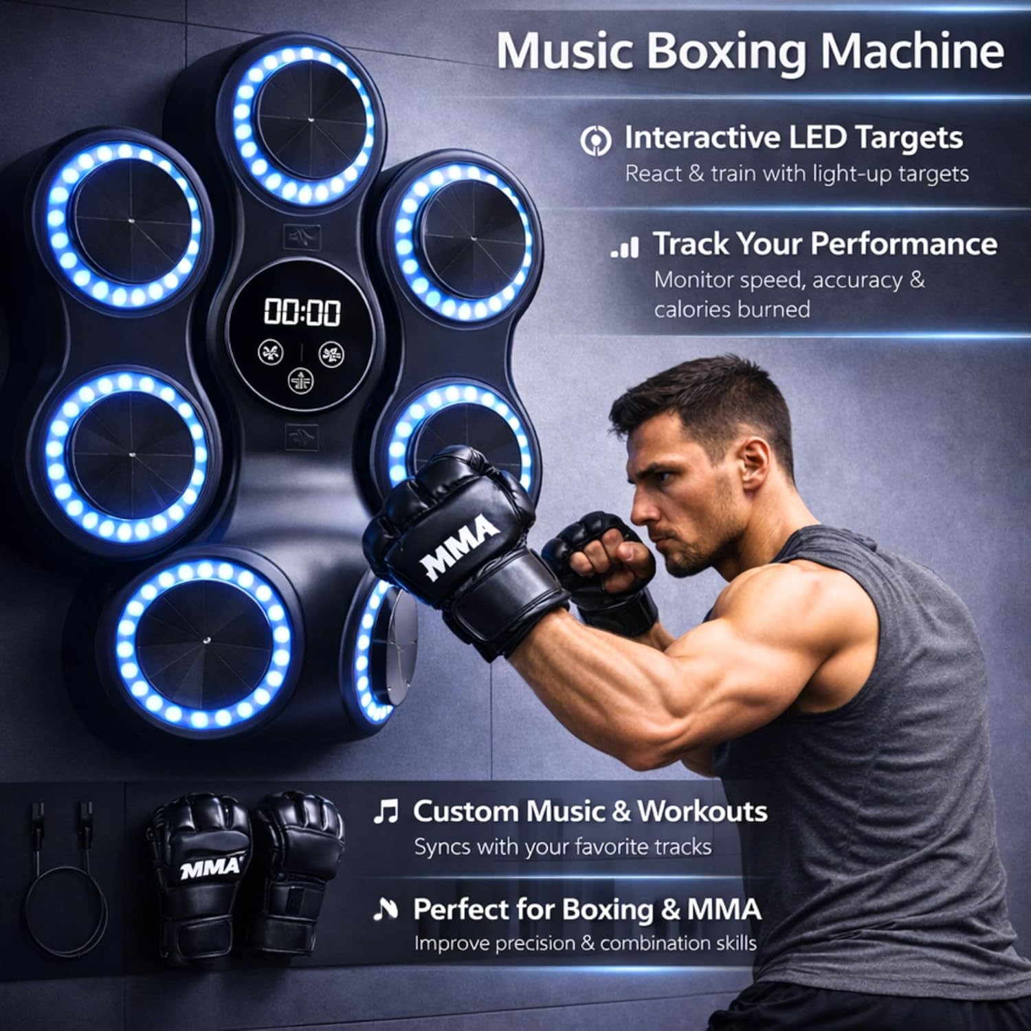 Music Boxing Machine Wall Mounted Rhythm Punch Training Target with Music Speaker Wireless Audio Adjustable Modes - Home Trainer Bundle with Boxing Reaction Ball