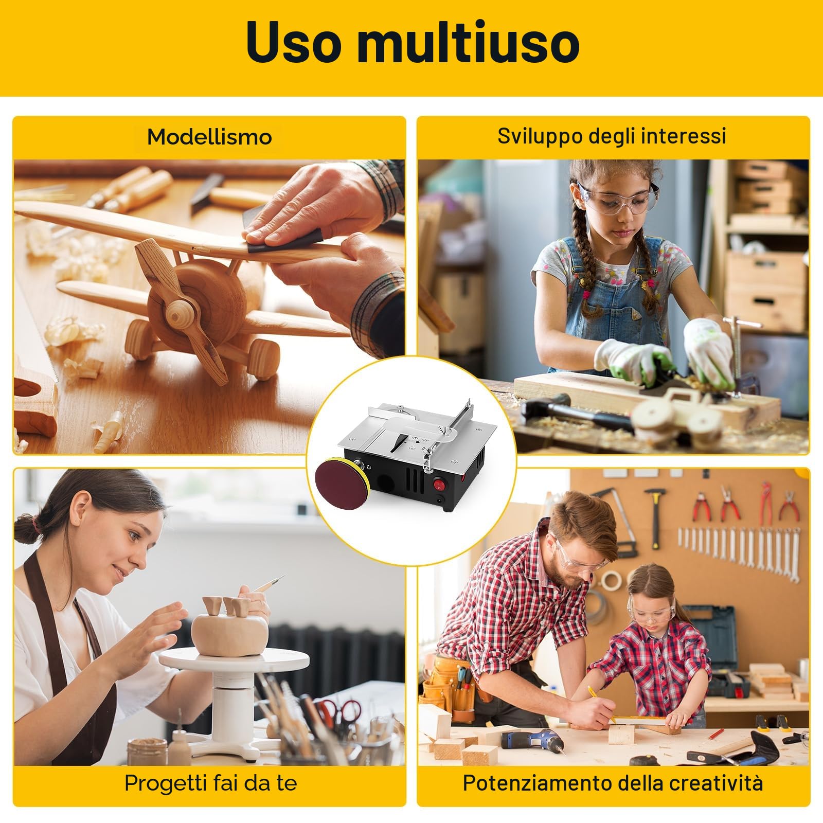 Mini sega da tavolo, sega da tavolo elettrica di precisione regolabile, altezza della lama regolabile, con 4 lame, 7 velocità, adatta per la lavorazione del legno