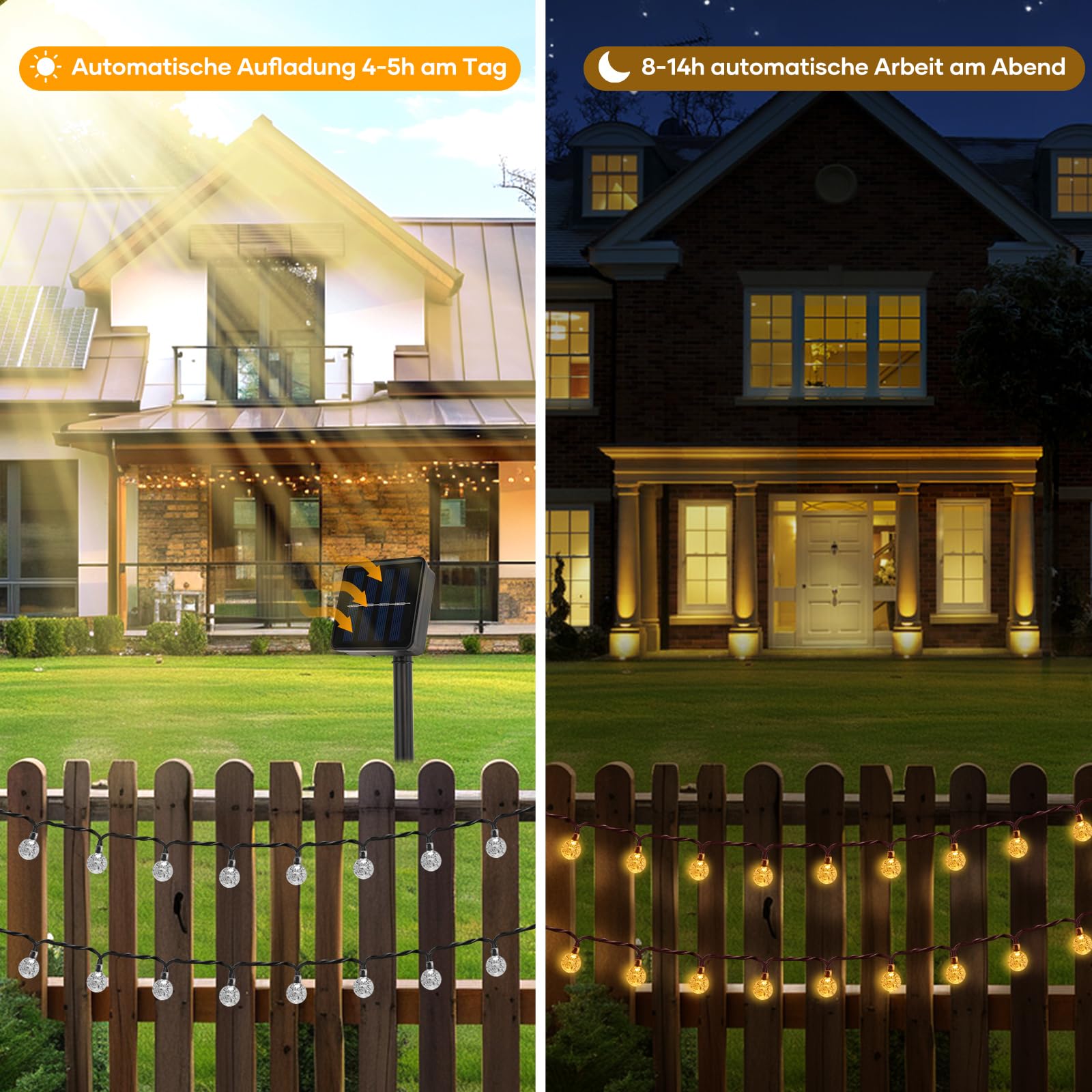 Suright Catena Luminosa Esterno Solare, 14 M, 60 LED, 8 Modalità, IP 65 Impermeabile Luci Solari Da Giardino,Per Giardino,Balcone,Terrazza, Natale, Matrimoni, Feste, Alberi(Bianco Caldo)