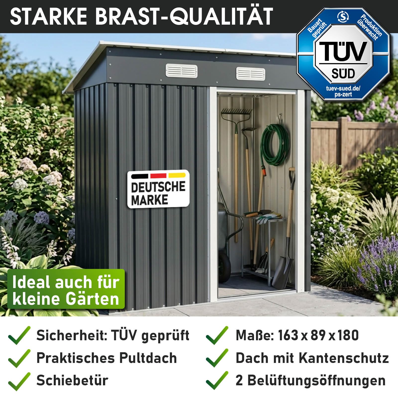 BRAST Gerätehaus Metall Pultdach Satteldach 163x89x180-278x323x192cm Anthrazit wetterfest wasserdicht
