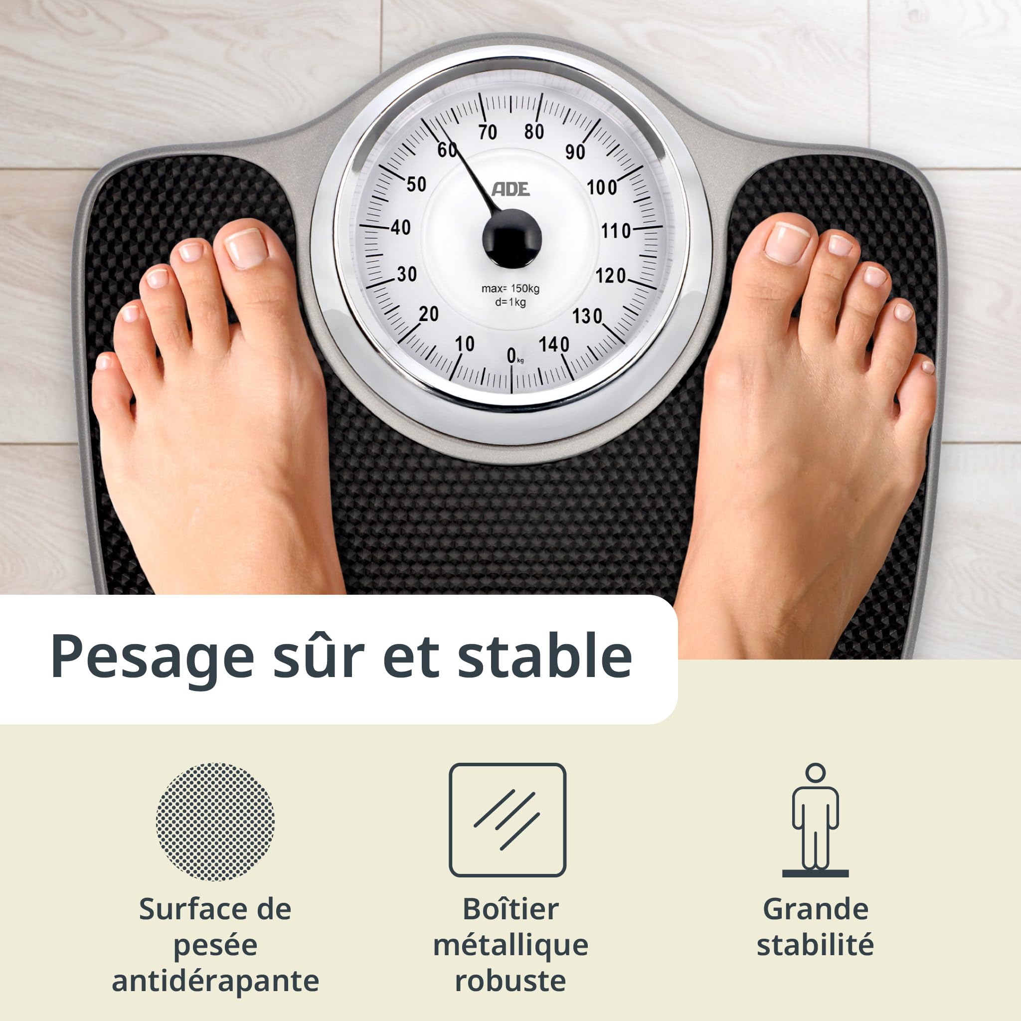 ADE Pèse-personne analogique jusqu'à 150 kg | pèse-personne mécanique avec grande surface antidérapante | échelle graduée extra large