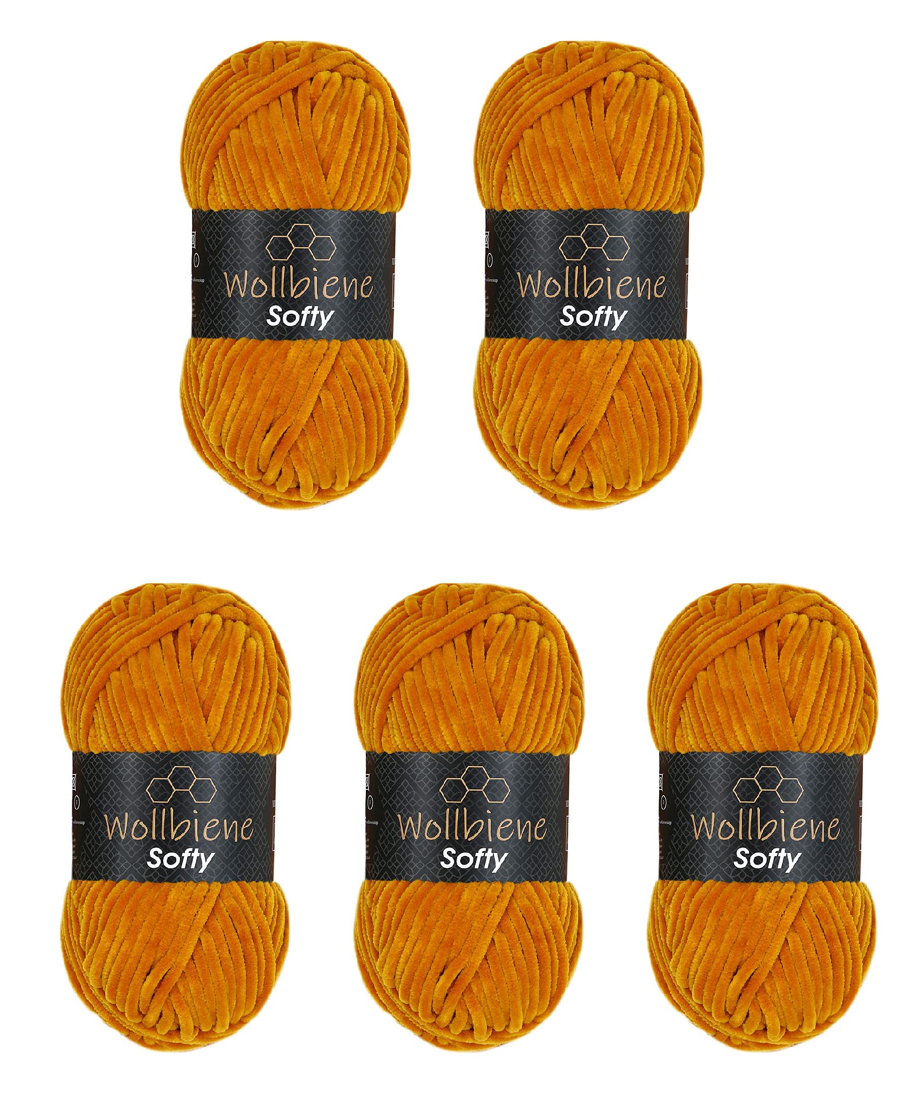 Wollbiene Gold 82 Softy 5 X 100 G Chenille Wool For Crocheting Knitting Wool, Baby Wool, 500 G Chenille Wool, Super Bulky Crochet Yarn (Gold 82)