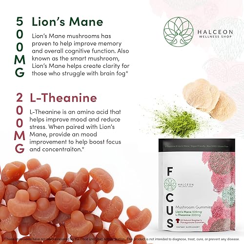 Miniatura 2 de Halceon Wellness - Gomitas de hongos de melena de león y L-teanina para la salud cerebral, suplemento de hongos nootrópicos, gomitas veganas sin OMG
