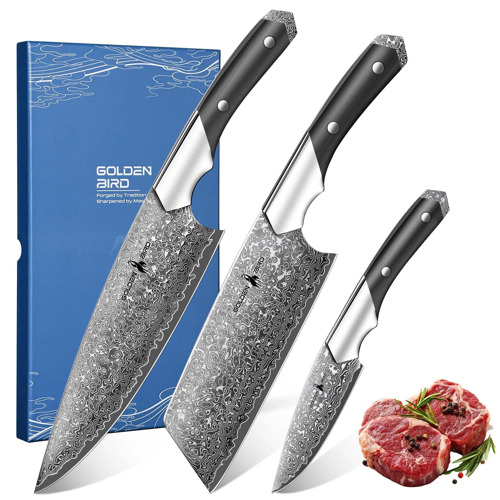 Golden Bird Damastmesser Set, 3-teiliges japanisches Kochmesser Set, 67-lagiges Küchenmesser-Set mit Ebenholzgriff und Geschenkbox – Swan-Serie - Geschenke für Männer Frauen