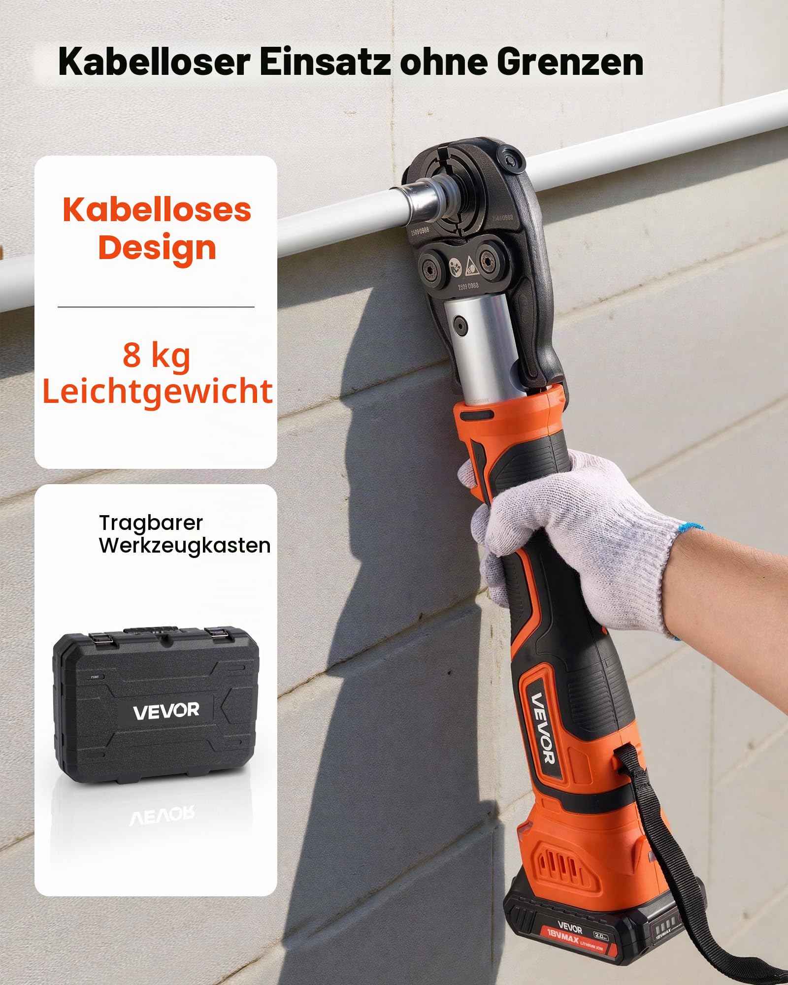 VEVOR Pressmaschine, 18-V-Elektro-Rohrpresswerkzeug-Set für PEX- & Aluminium-Kunststoff-Rohre – mit Pressbacken U16, U20, U25 & U32, 2 x 2-Ah-Akkus, Schnellladegerät & Tragekoffer