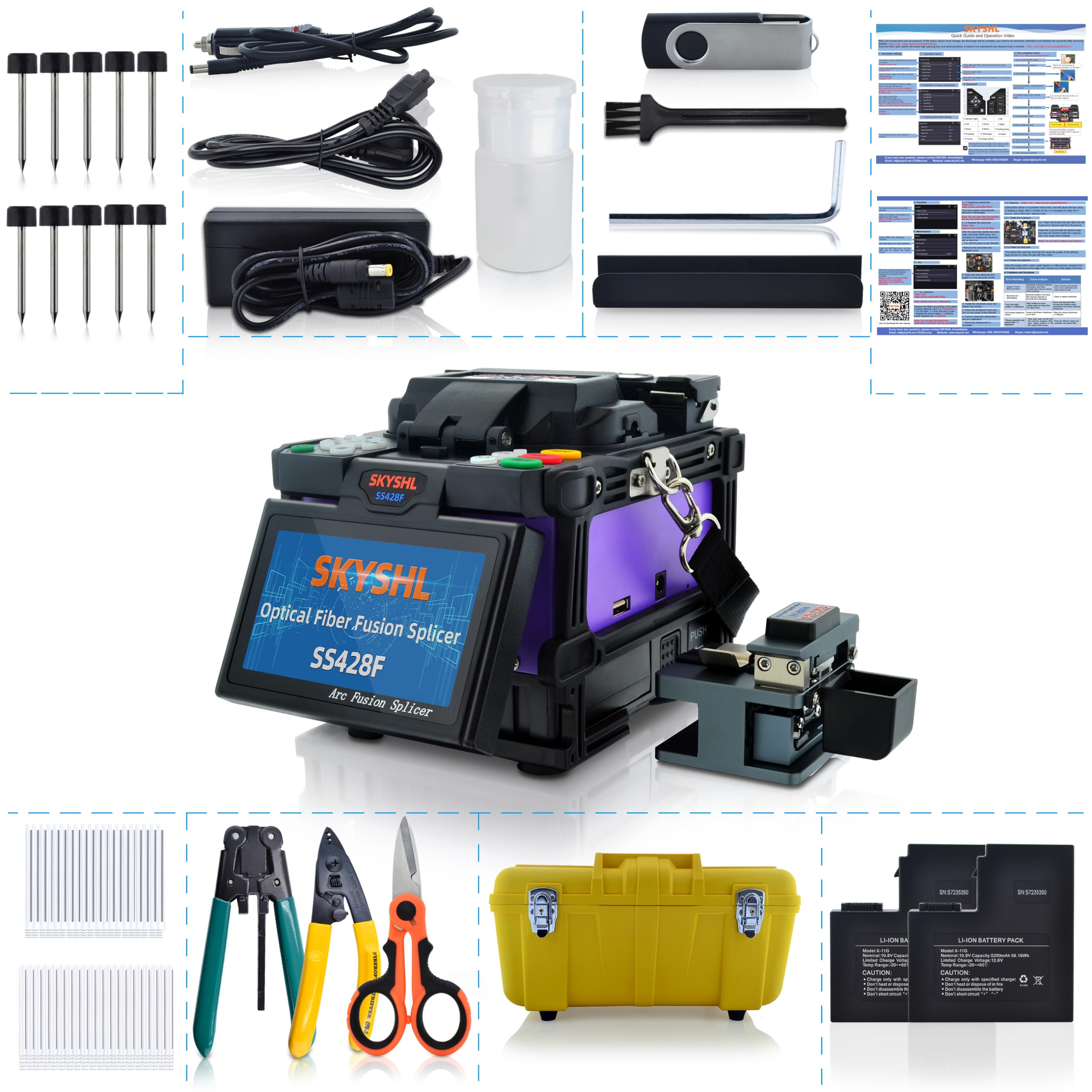 Core Alignment ARC Optical Fiber Fusion Splicer (with 5pairs Electrodes+2*Batteries+Fiber Cleaver Kit) Handheld Low Splice Loss Automatic Focus Fiber Splicing Welding Machine (SS428F-521)