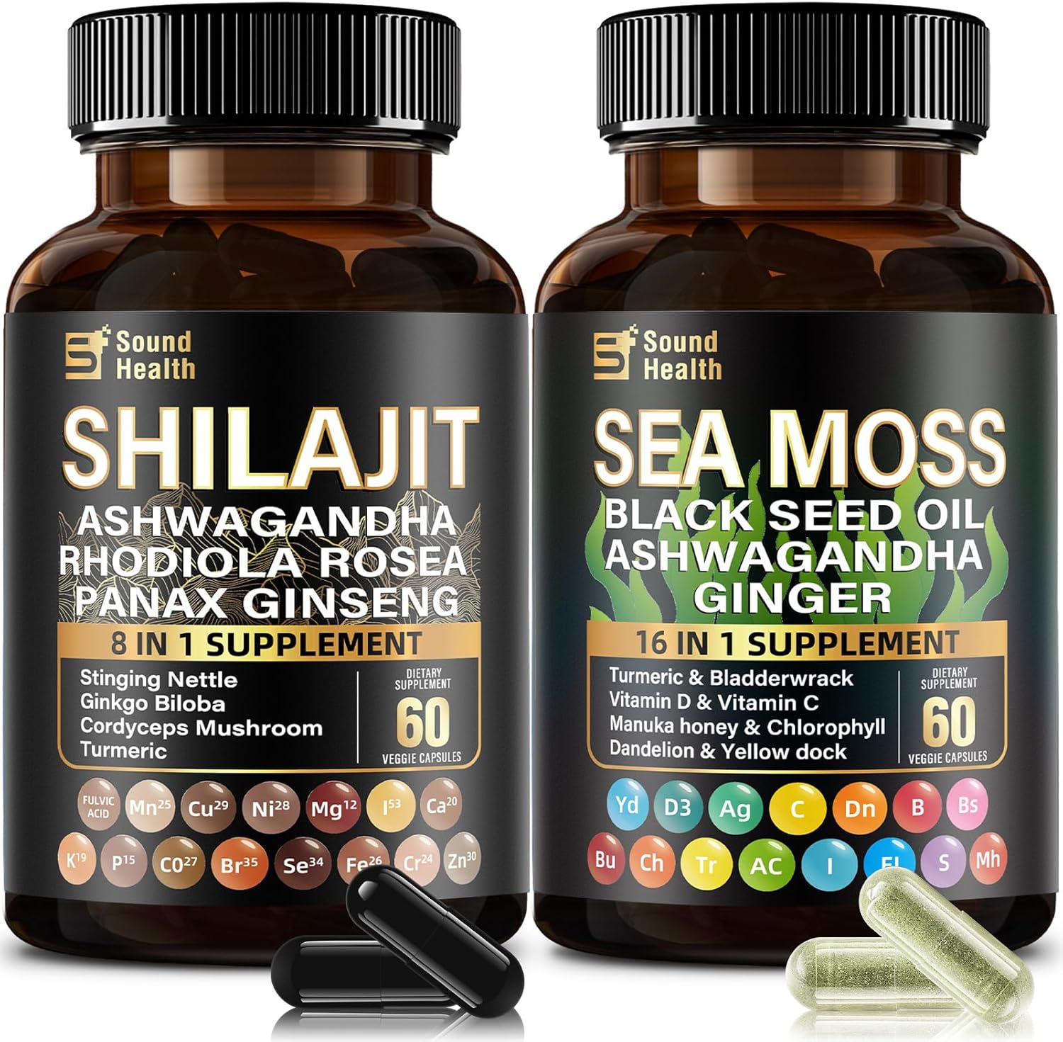 SoundHealth Wild Organic Irish Sea Moss and Shilajit - 8000mg Sea Moss, 10000mg Shilajit, Ashwagandha 2000mg, Ginseng, Vitamin C, Vitamin D3, Black Seed Oil - 2 Bottles of 60 Capsules1