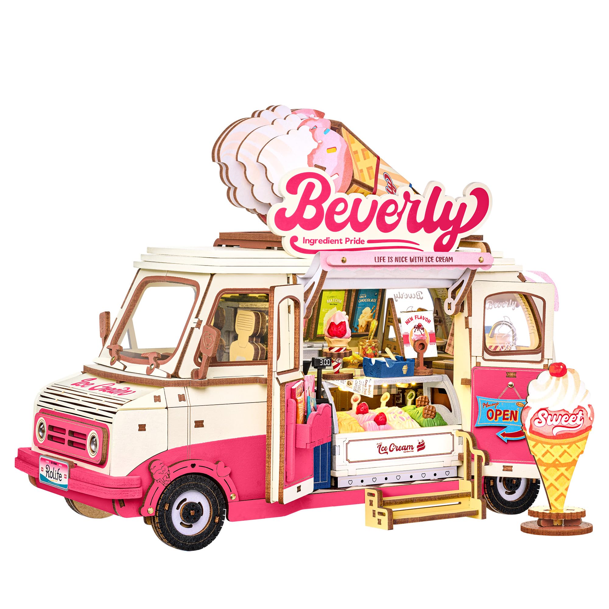 Rolife Model Kit 3D Puzzle Wooden Model Kit for Adults to Build DIY Miniature House Kit Craft Building Sets Book Nook Home Decoration Birthday Gifts for Adults and Teens (Beverly's Ice Cream Truck)