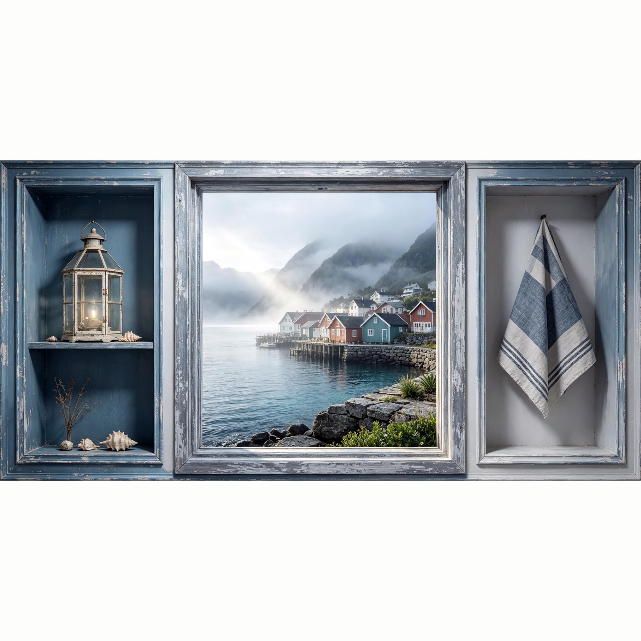 QZLITHOTIC 50x100cm 3D Framed Wall Art， Nordic Coastal Village Mountain Lake Scenery Self‑Adhesive Mural， Water‑Activated Peel & Stick Fabric Decor Wall Decal for Bedroom Living Room