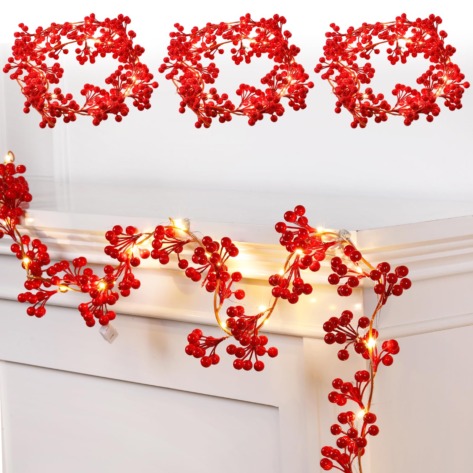Lyrow 6 Pcs Red Berry Christmas Garland 5.74 Ft with 6 LED String