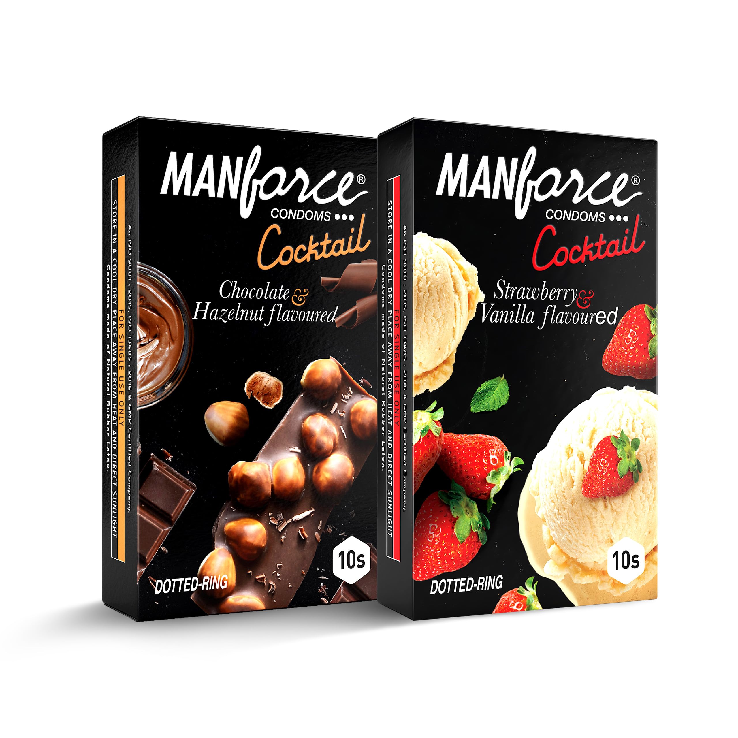 Manforce Cocktail Condoms with Dotted-Rings Combo Pack (Strawberry+ Vanilla & Chocolate+ Hazelnut)- 10 Pieces (Pack of 2)