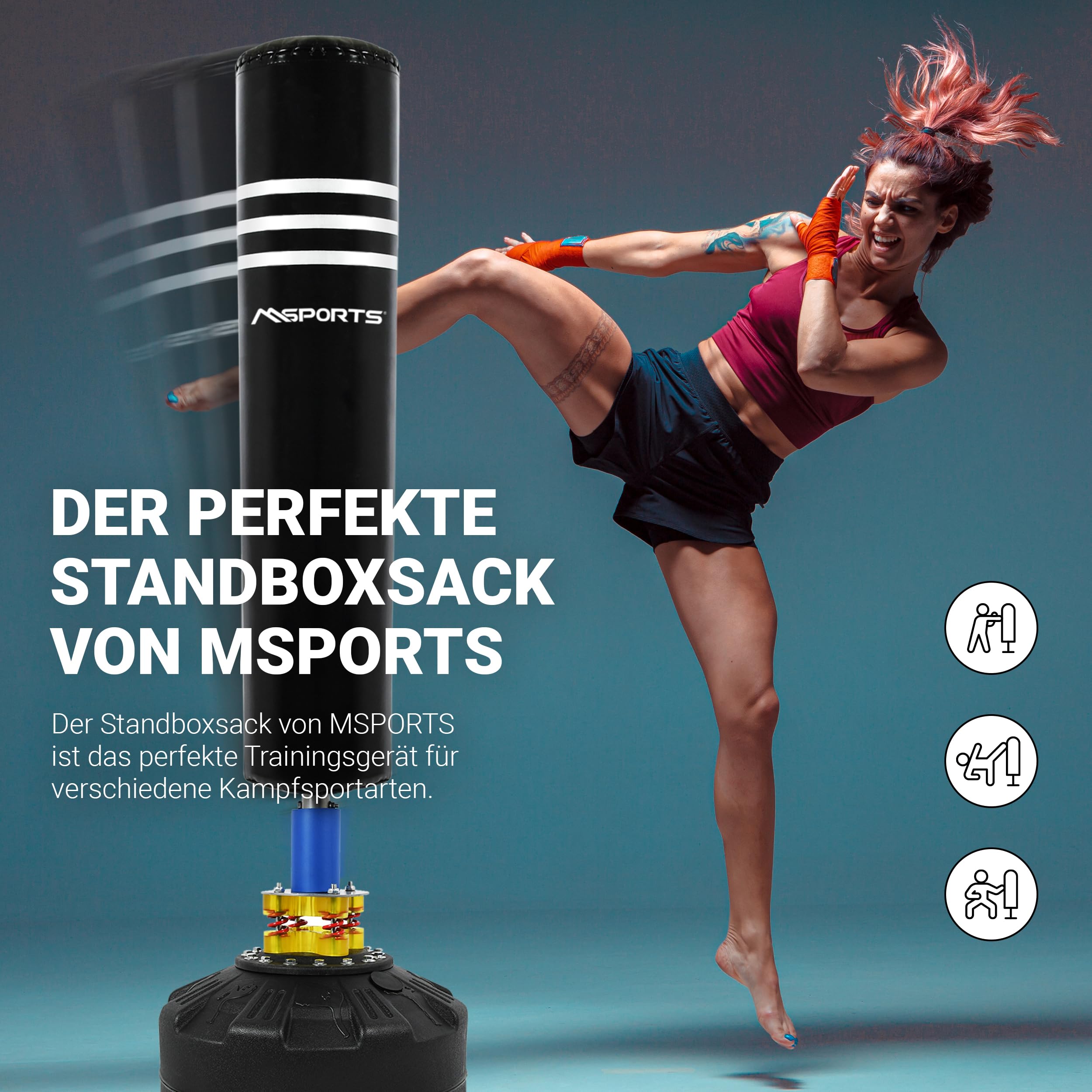 MSPORTS Worek bokserski premium wolnostojący – worek bokserski z podstawą, worek bokserski do domu i fitnessu, kickboxingu, MMA i treningu siłowego, wytrzymała podstawa i trwały materiał