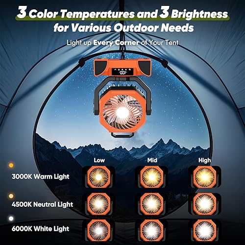 Miniatura 5 de Ventilador recargable portátil, ventilador de batería de 20000 mAh con luz LED, ventiladores de campamento para control remoto de tienda de campaña,