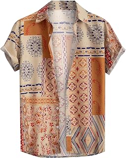 Mens Designer Shirts Men's Shirts Casual Men's Loose Lapel Print Color Contrast National Style Short Sleeved Button Down Shirt Beach Hawaii Summer Tops Striped Tee Men