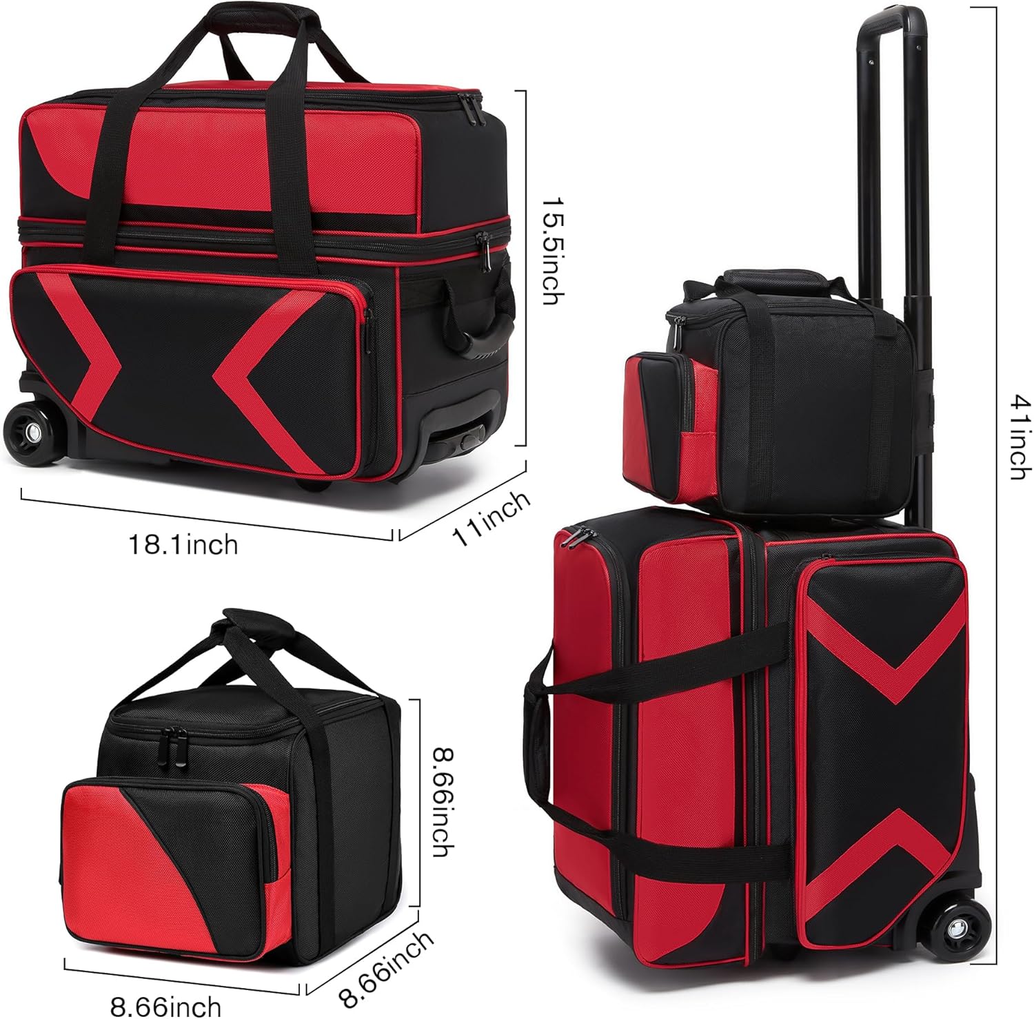 3 Ball Bowling Bags with Wheels and Shoes Compartment, Roller with Multipocket, 2 Ball Bowling Roller Bag + 1 Ball Color Matching Add On Tote (Red-Black)