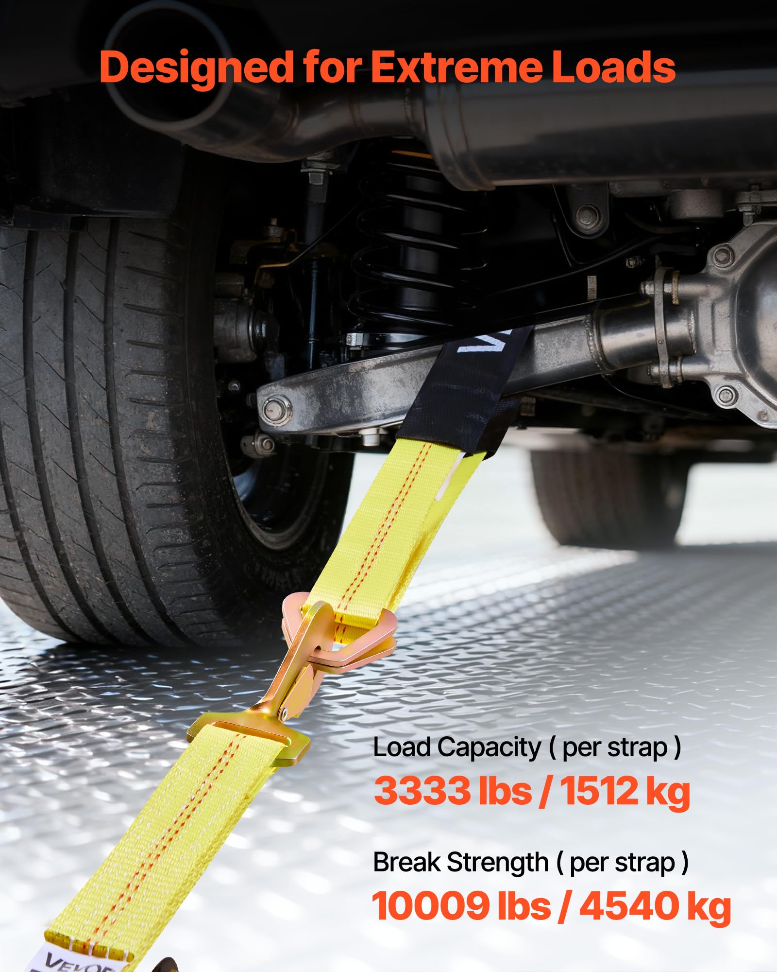 VEVOR Cinghie di Fissaggio per Pneumatici di Rimorchio 50,8 x 2438,4 mm con Gancio a Molla e Resistenza alla Trazione di 4540 kg e Capacità di Carico di 1512 kg, per SUV, Rimorchi, Giallo